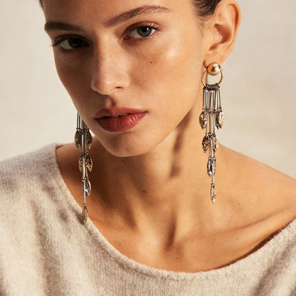 Chic Luxury Long Metal Tassel Earrings with Geometric Leaf Design - Versatile and Elegant Statement Pieces for Women