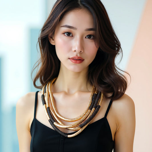Chic Casual Punk-Inspired Multi-Layered Metal and Wood Beaded Necklace for Women - Elegant, High-End Fashion Statement