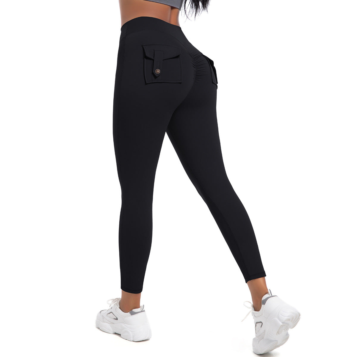 High Waisted Peach Fitness Leggings with Buttoned Pockets Stretchy Quick Dry Tummy Control Yoga Pants for Running and Workout