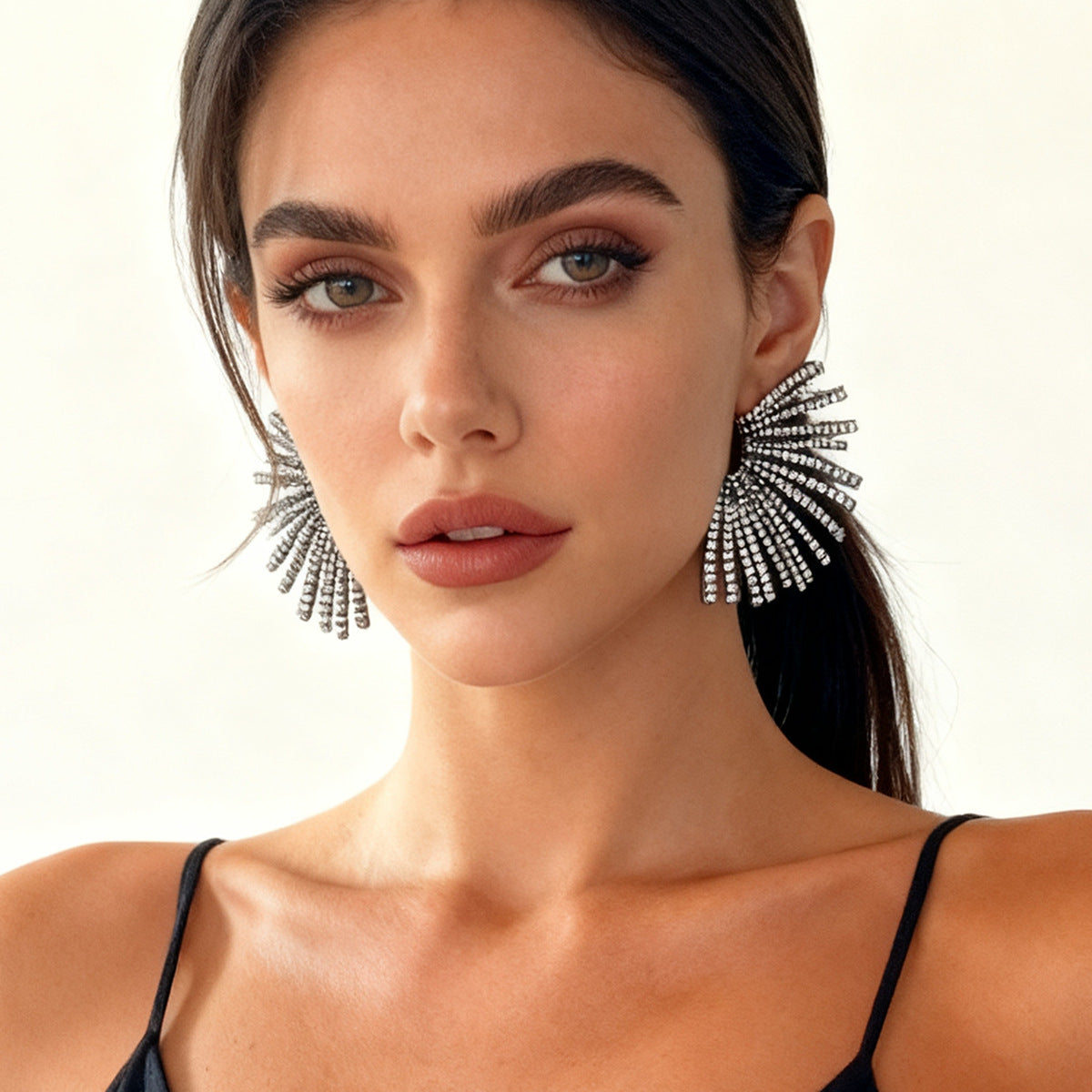Elegant Geometric Irregular Fan-Shaped Alloy Stud Earrings with Full Rhinestones - A Luxurious Minimalist Accessory for Women