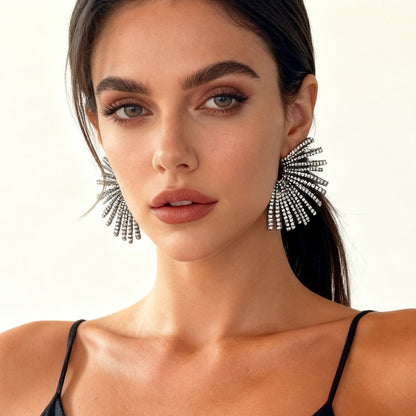 Elegant Geometric Irregular Fan-Shaped Alloy Stud Earrings with Full Rhinestones - A Luxurious Minimalist Accessory for Women