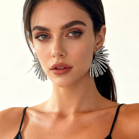 Elegant Geometric Irregular Fan-Shaped Alloy Stud Earrings with Full Rhinestones - A Luxurious Minimalist Accessory for Women