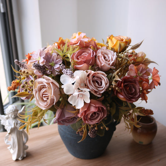 Vintage-Inspired Rose and Hydrangea Daisy Bouquet - Perfect for Furniture Photography, Wedding Decor, and Stunning Faux Flower Arrangements