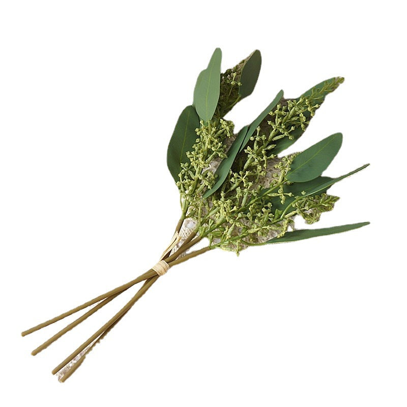 4-Piece Faux Eucalyptus Leaves Rice Grain Stems - Double-Layered, Realistic Decorative Flowers for Home, Weddings, and Photography Settings