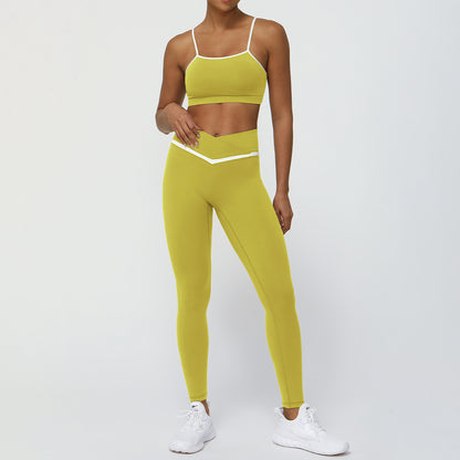 Color Contrast Yoga Set with Sleek Strappy Sports Bra and Cross V Waist Leggings for Fitness Enthusiasts and Active Lifestyles