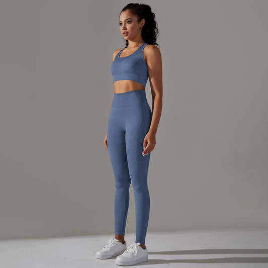 Seamless Knitted Jacquard High Waisted Sports Vest and Butt Lifting Leggings Yoga Set for Women for Fitness Gym and Athleisure Activities