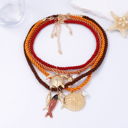 Handcrafted Summer Ocean-Inspired Colorful Rope Necklace with Unique Alloy Marine Animal Pendants – Perfect Accessory for Beach Lovers
