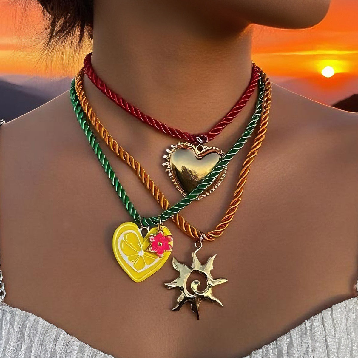 Charming Summer Multi-Layered Colorful Heart Pendant Necklace with Cute Flower Accents - Ideal for Casual Vacations and Stylish Outings
