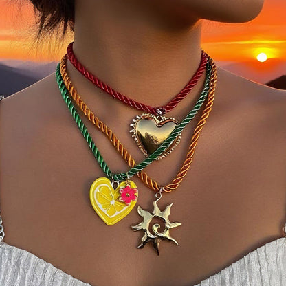 Charming Summer Multi-Layered Colorful Heart Pendant Necklace with Cute Flower Accents - Ideal for Casual Vacations and Stylish Outings