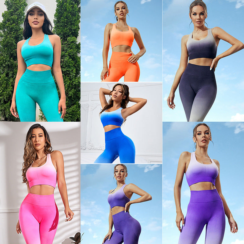 Seamless Gradient Dip Dye Yoga Set for Women High Waisted Butt Lifting Yoga Pants Sports Bra for Running and Fitness