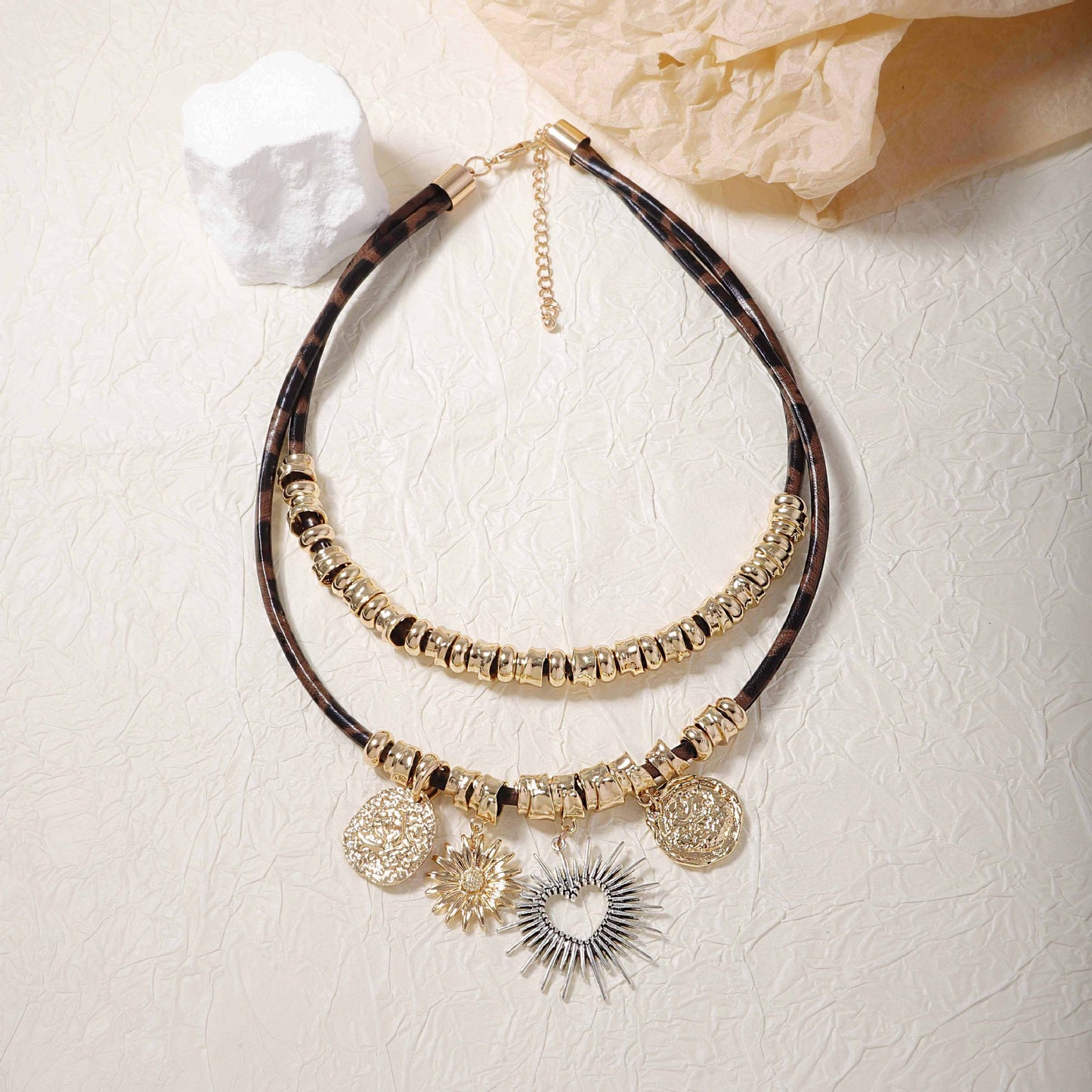 Chic Vintage-Inspired Double-Layer Alloy Pendant Necklace with Heart and Geometric Cut-Outs | Stylish Leather Chain for Women