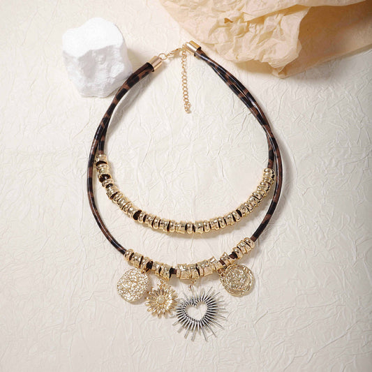 Chic Vintage-Inspired Double-Layer Alloy Pendant Necklace with Heart and Geometric Cut-Outs | Stylish Leather Chain for Women