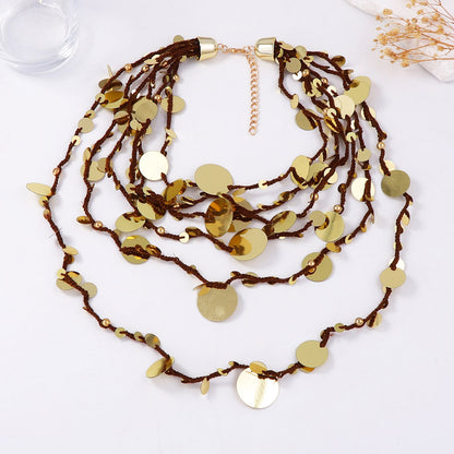Chic Luxury Geometric Waterfall Design Multi-Layer Beaded Necklace with Dazzling Circular Pendant – Elevate Your Style with Sophisticated Elegance!