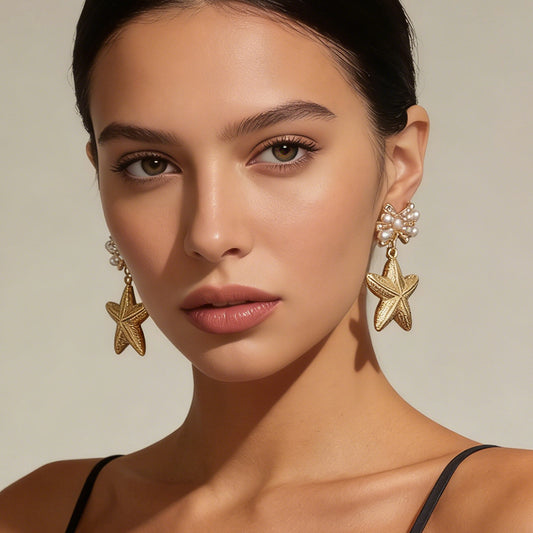 Chic Ocean-Inspired Alloy Earrings with Faux Pearl Bow and Star Design – Versatile Women's Accessories for Every Occasion
