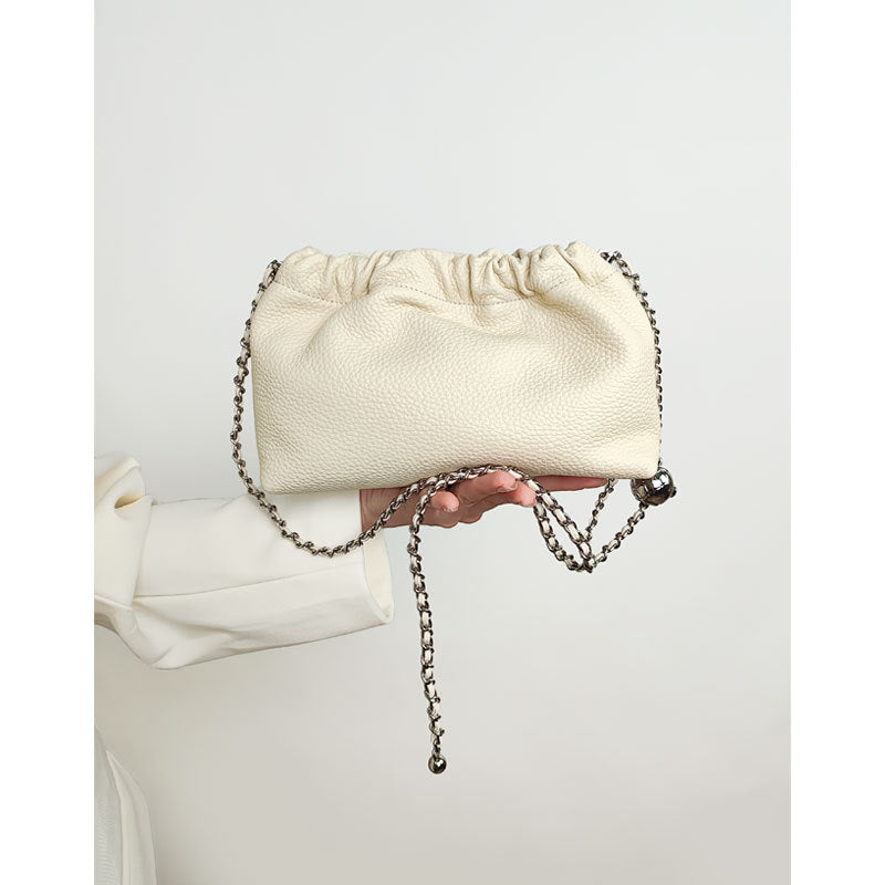 Large Capacity Top Grain Leather Underarm Bag Chic Korean Style Durable Round Chain Cloud Bag for Everyday Elegance