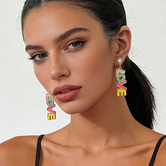 Chic Minimalist Alloy Enamel Drip Colorful Imitation Pearl LOVE Pendant Earrings for Women - Trendy and Unique Design for Any Occasion