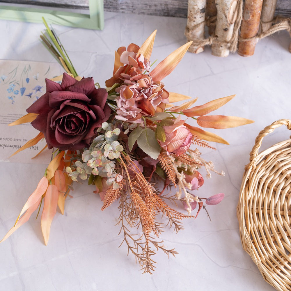 Elegant Autumn-Inspired Faux Rose and Bamboo Leaves Bouquet for Home Decor - Stunning Handcrafted Floral Arrangement for Walls and Bouquets - CF01340