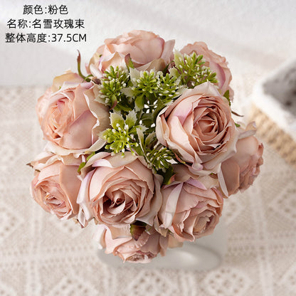 Artificial Snowy Rose Bouquet with Handle - Elegant INS-Style Decorative Faux Flowers for Home Decor - CL04001