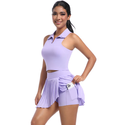 Breezy Solid Color Polo Style Vest with Pleated Mini Skirt Set for Running Fitness and Yoga Workouts