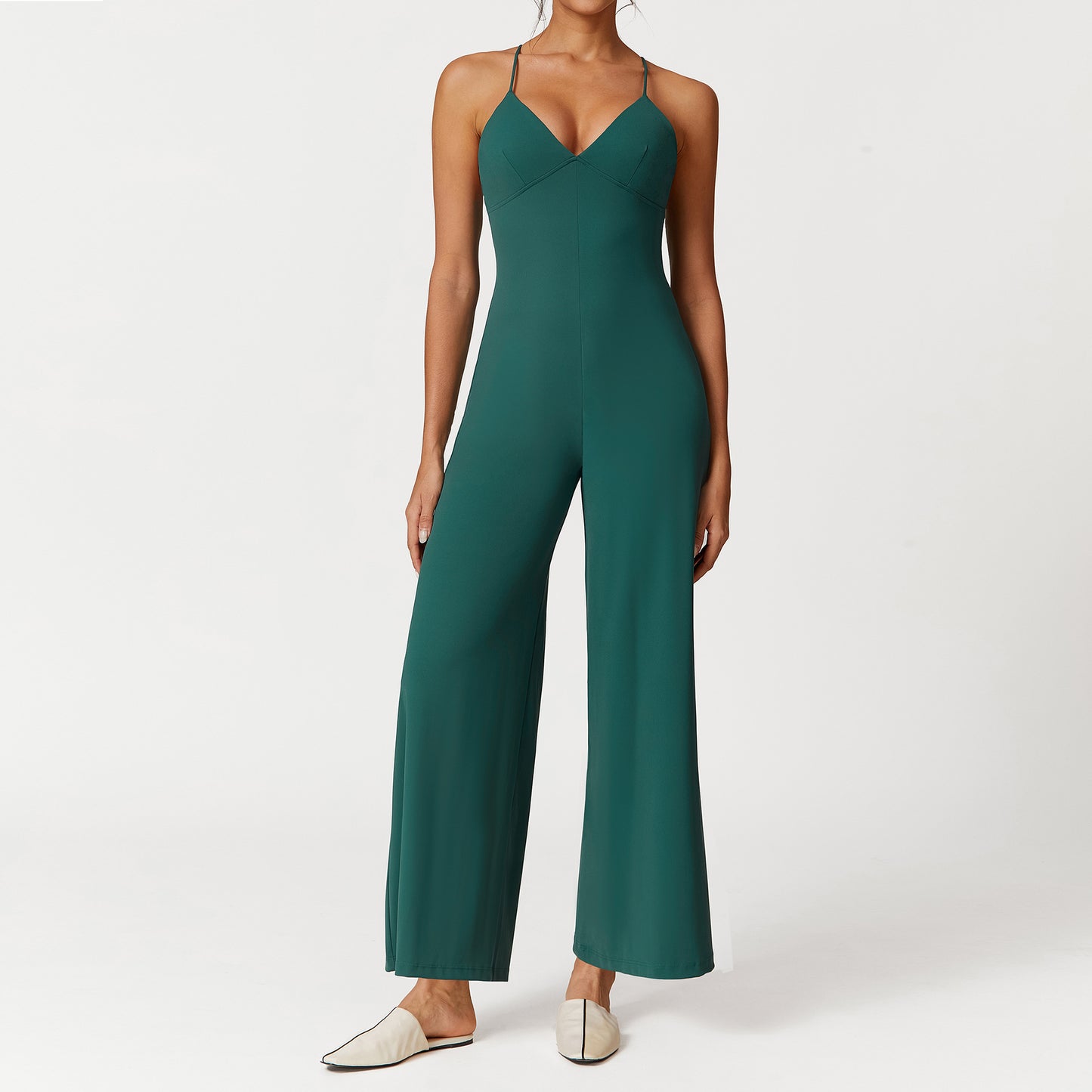 Chic Backless V Neck Jumpsuit with Adjustable Straps Solid Color Yoga Pants for Comfort and Flexibility