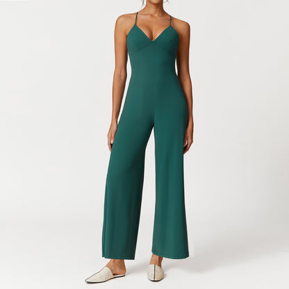 Chic Backless V Neck Jumpsuit with Adjustable Straps Solid Color Yoga Pants for Comfort and Flexibility