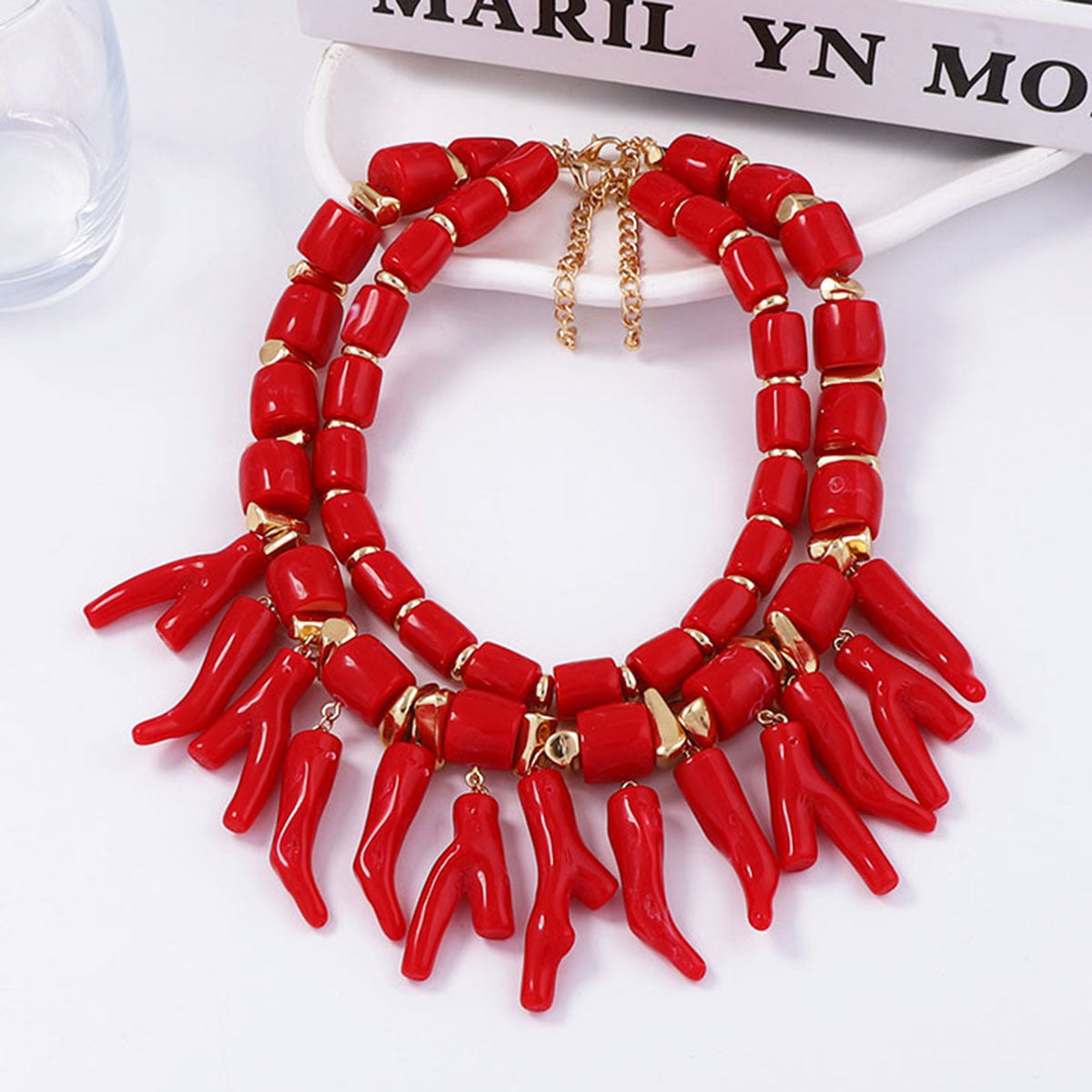 Exaggerated Beach-Inspired Coral Pendant Necklace for Women – Stylish Double Layered Casual Jewelry for Effortless Layering