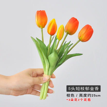 5-Head Short Stem Tulip Bouquet - Realistic Faux Flowers for Home Decor, Perfect Photo Props, and Soft Rubber Tulip Arrangement for Lasting Beauty