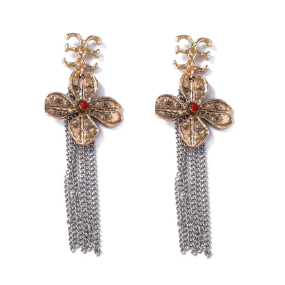 Bohemian Vintage Style Distressed Floral Long Tassel Chain Earrings - Exquisite Lightweight Luxury Jewelry to Elevate Your Look