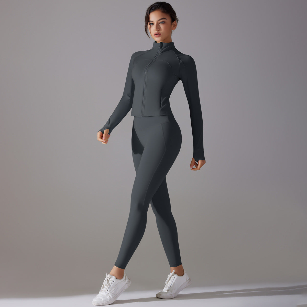 Women's Antimicrobial Long Sleeve Yoga Set with Stand Up Collar and Zipper Full Length Sports Suit for Comfort and Support No Underwear Required