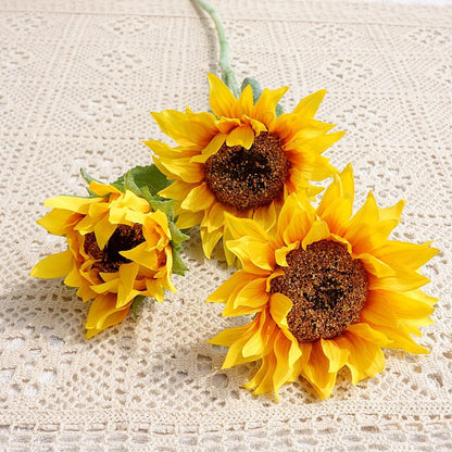 Vibrant Sunflower Artificial Flowers - Realistic 3-Head Faux Floral Decor for Home, Weddings, and Events