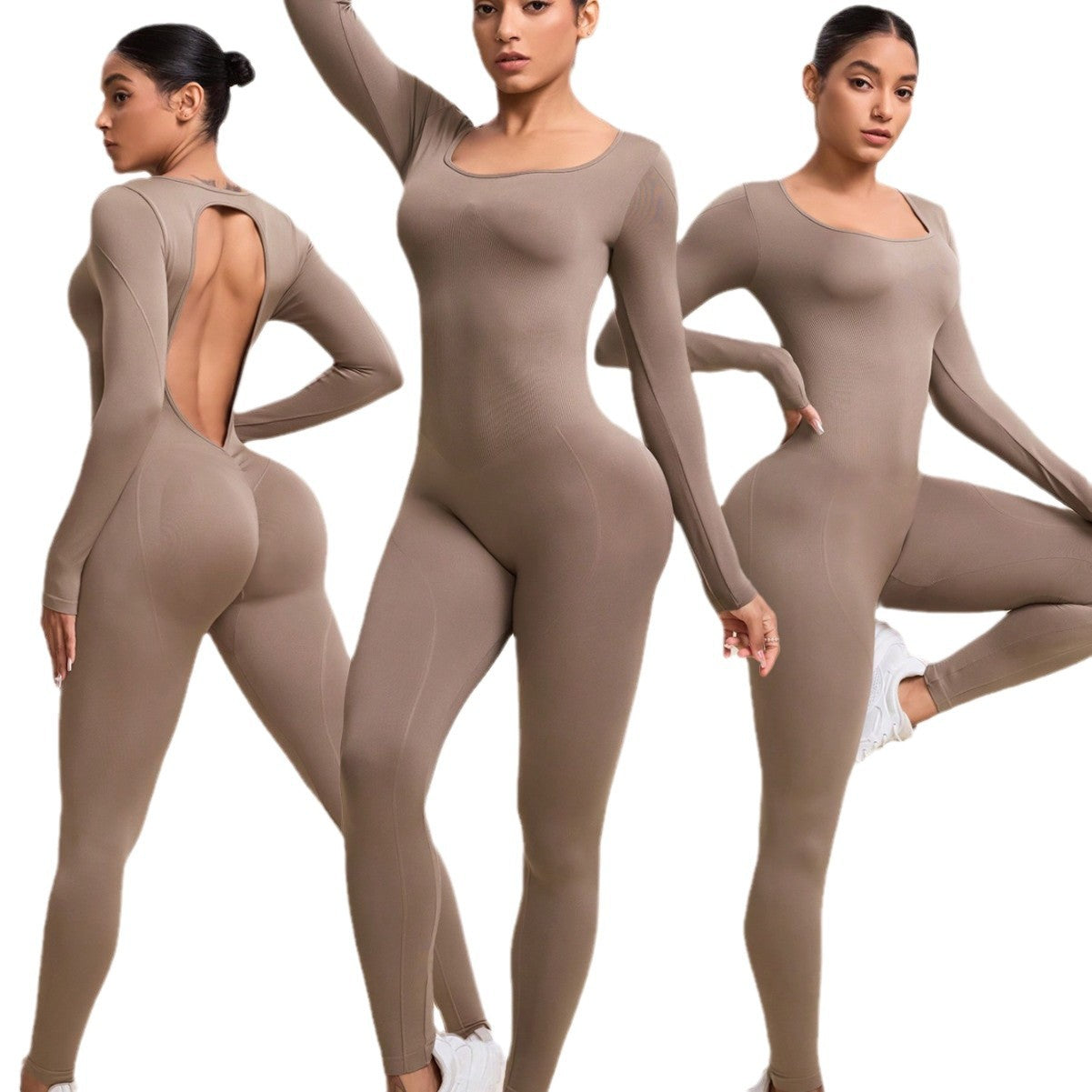 Seamless Sweat Wicking High Stretch Backless Long Sleeve Jumpsuit for Yoga Gym Workouts and Active Lifestyle