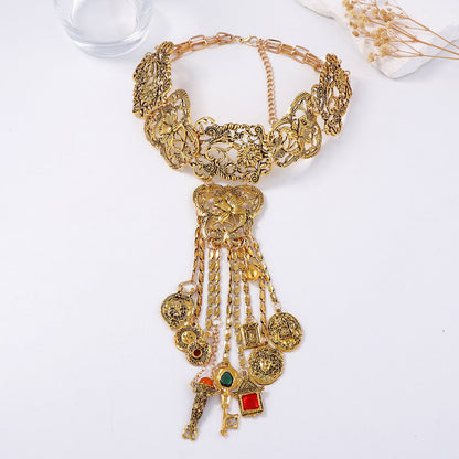 Bohemian Vintage-Inspired Antique Silver Alloy Statement Necklace with Geometric Tassels - Unique Tribal Design for Women