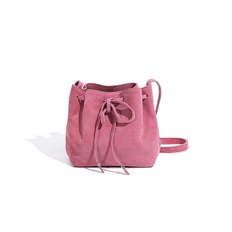 Chic Vintage Leather Women's Bucket Bag with Bow Design Korean Style Suede Texture Underarm Shoulder Bag