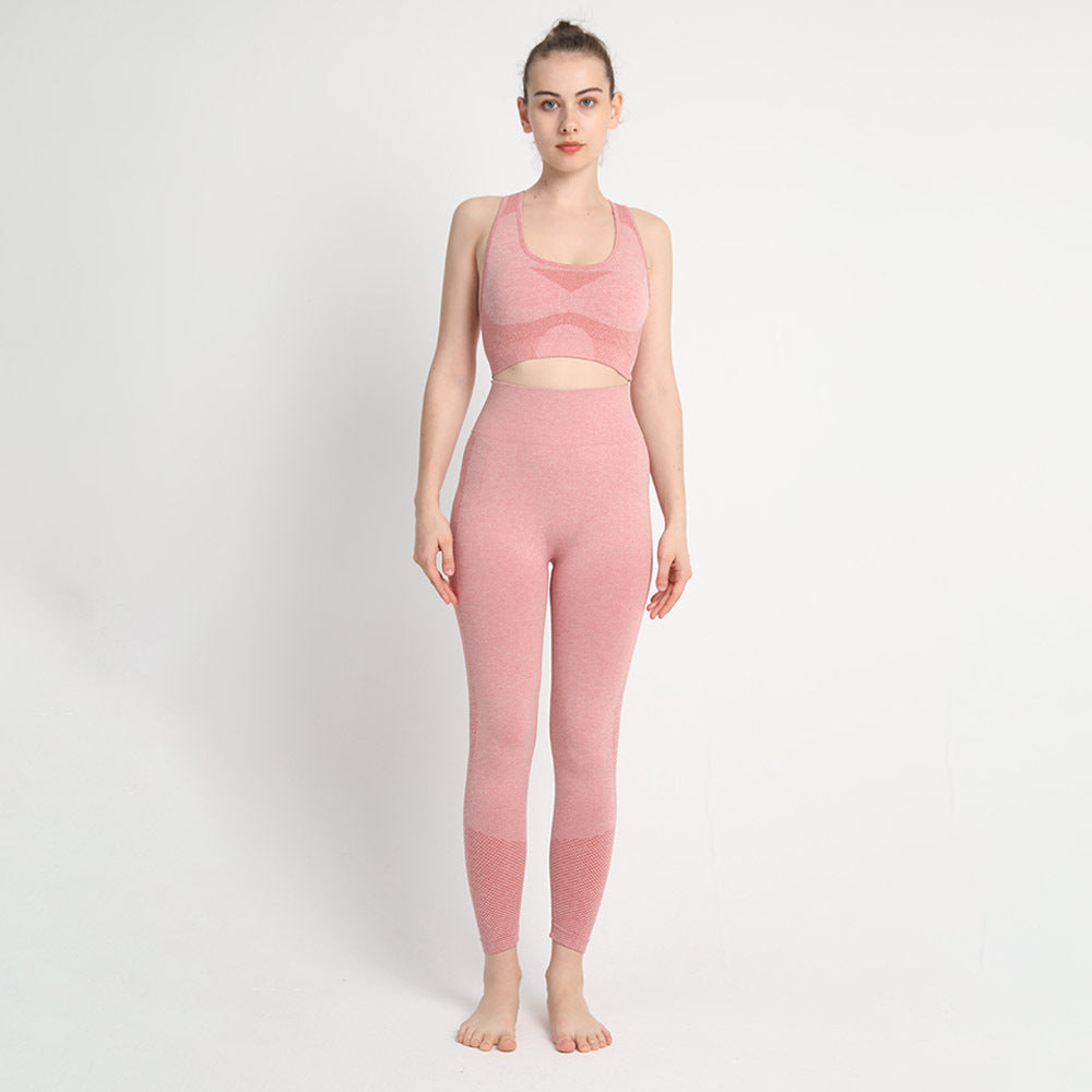 Seamless Two Piece Set for Women Dot Patterned Peach Butt Long Pants with Cross Back Sports Bra for Gym Yoga and Fitness