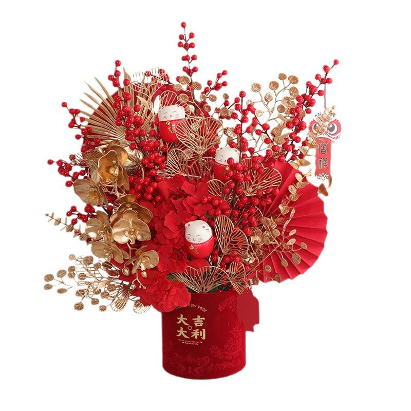 Festive New Year's Floral Arrangement in Red Holly with Charming Golden Wooden Hydrangea and Eucalyptus – Perfect Seasonal Decoration for Your Home