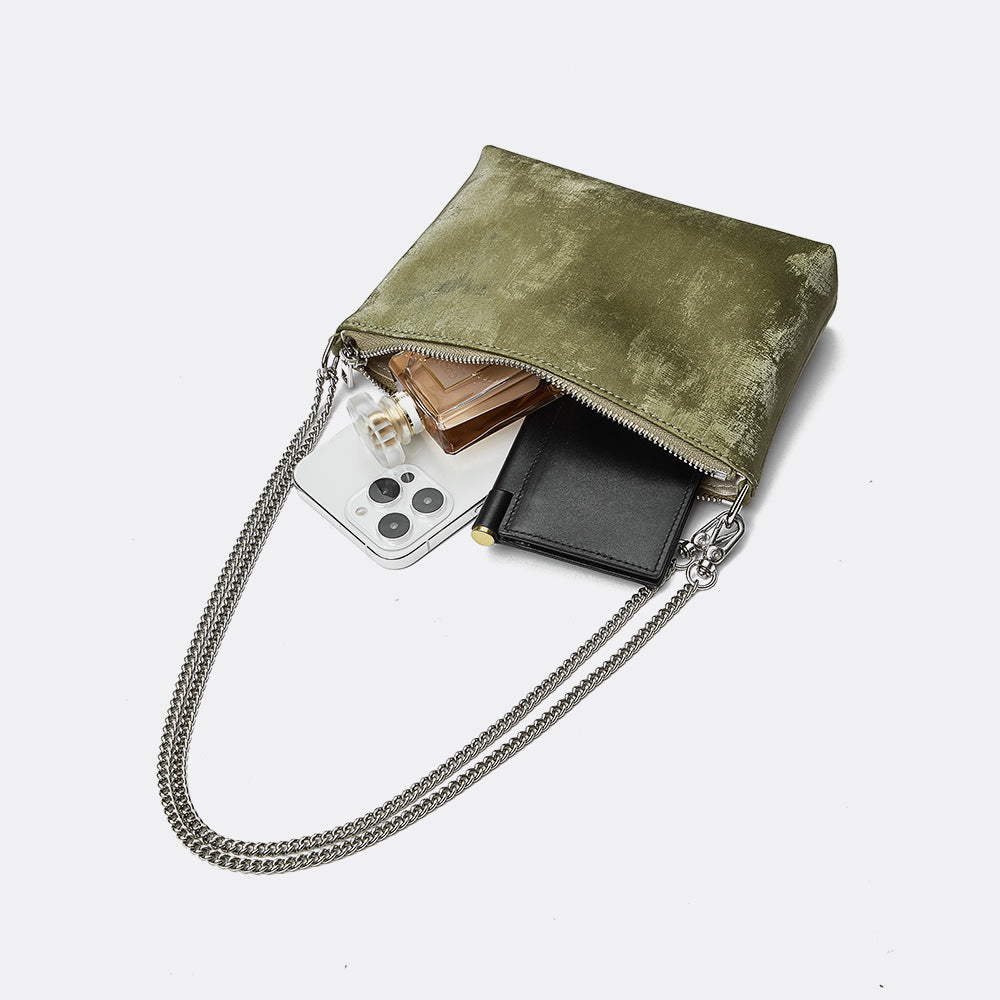 Elegant Satin and Leather Chain Crossbody Bag Vintage Metal Makeup Pouch Mini Shoulder Bag for Any Occasion