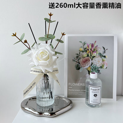 Realistic Korean Rose Flower Arrangement – Elegant Flameless Scented Decorative Piece with Hydrangea, Perfect for Living Room and Dining Table Decor