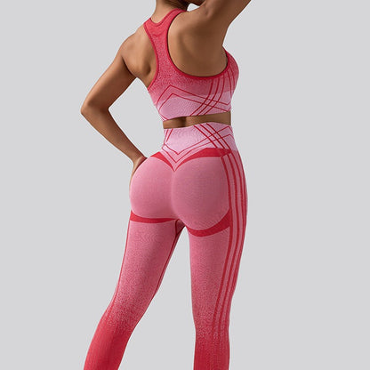 Gradient Yoga Outfit Set High Waisted Butt Lifting Leggings with Shockproof Sports Bra for Running and Fitness