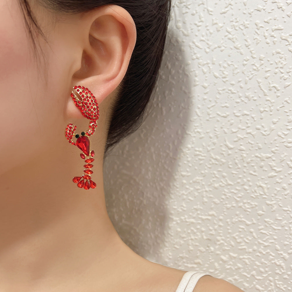 Unique Rhinestone-Inlaid Lobster Earrings - Trendy, Eye-Catching Animal Jewelry for Fashion-Forward Women