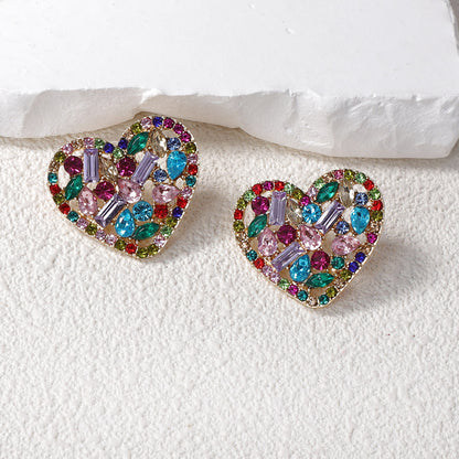 Elegant and Creative Heart-Shaped Alloy Earrings with Colorful Gemstone Accents - Unique, Minimalist Design Perfect for Ethereal Style Lovers