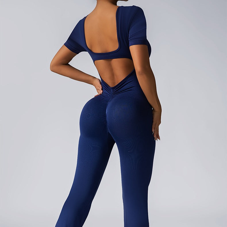 Seamless Yoga Jumpsuit with Bell Bottom Pants for Women 4 Colors V Back Design for Fitness and Workouts