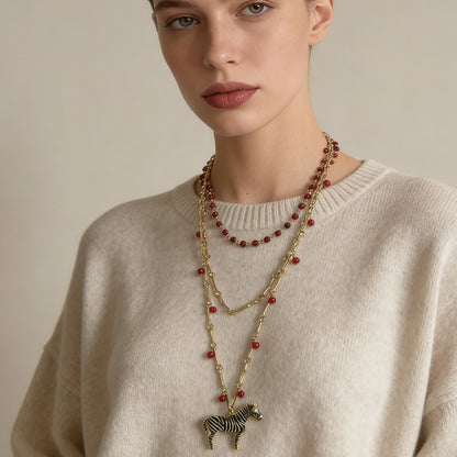 Chic Layered Beaded Chain Necklace with Alluring Zebra Pendant – Stylish and Affordable Luxury Design for Fashion-Forward Women