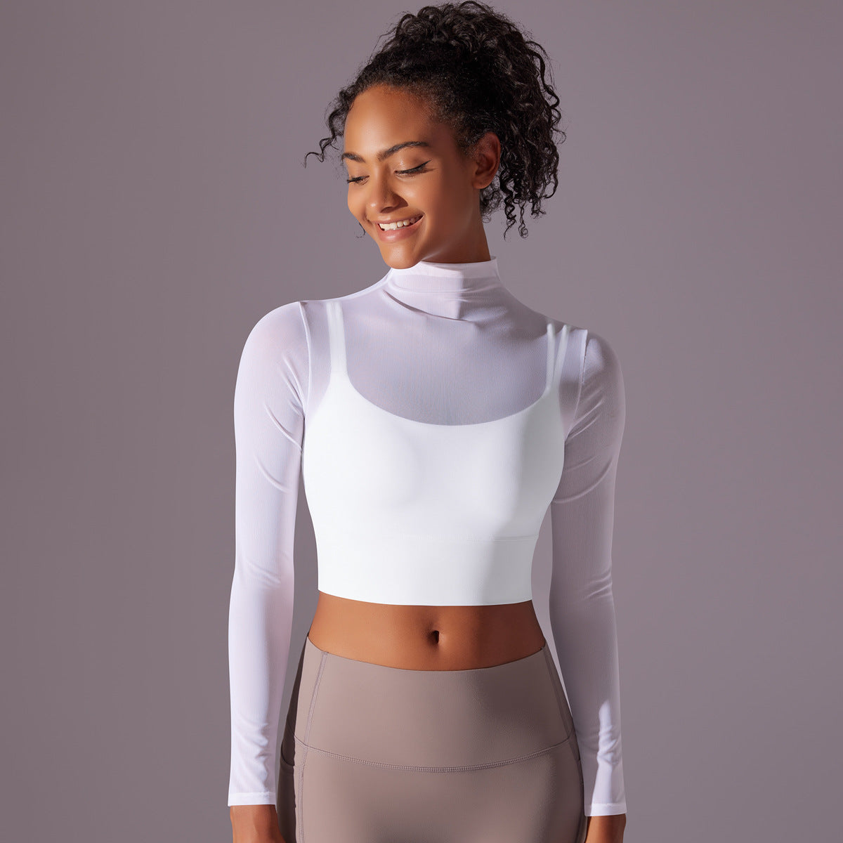 Mesh Long Sleeve High Neck Yoga Top with Built In Bra Two Piece Look for Running Fitness