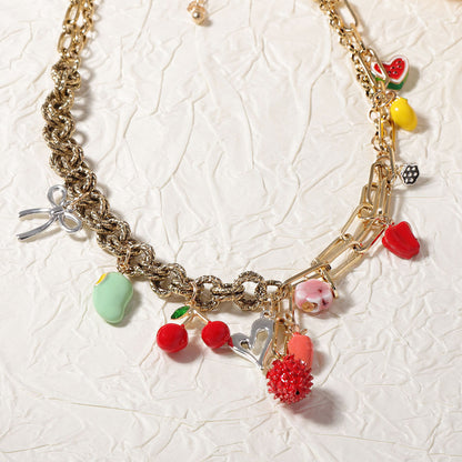 Trendy and Unique Alloy Dripped Oil Strawberry Cherry Radish Pendant Mixed Chain Necklace - Perfect for Fashion-Forward Individuals
