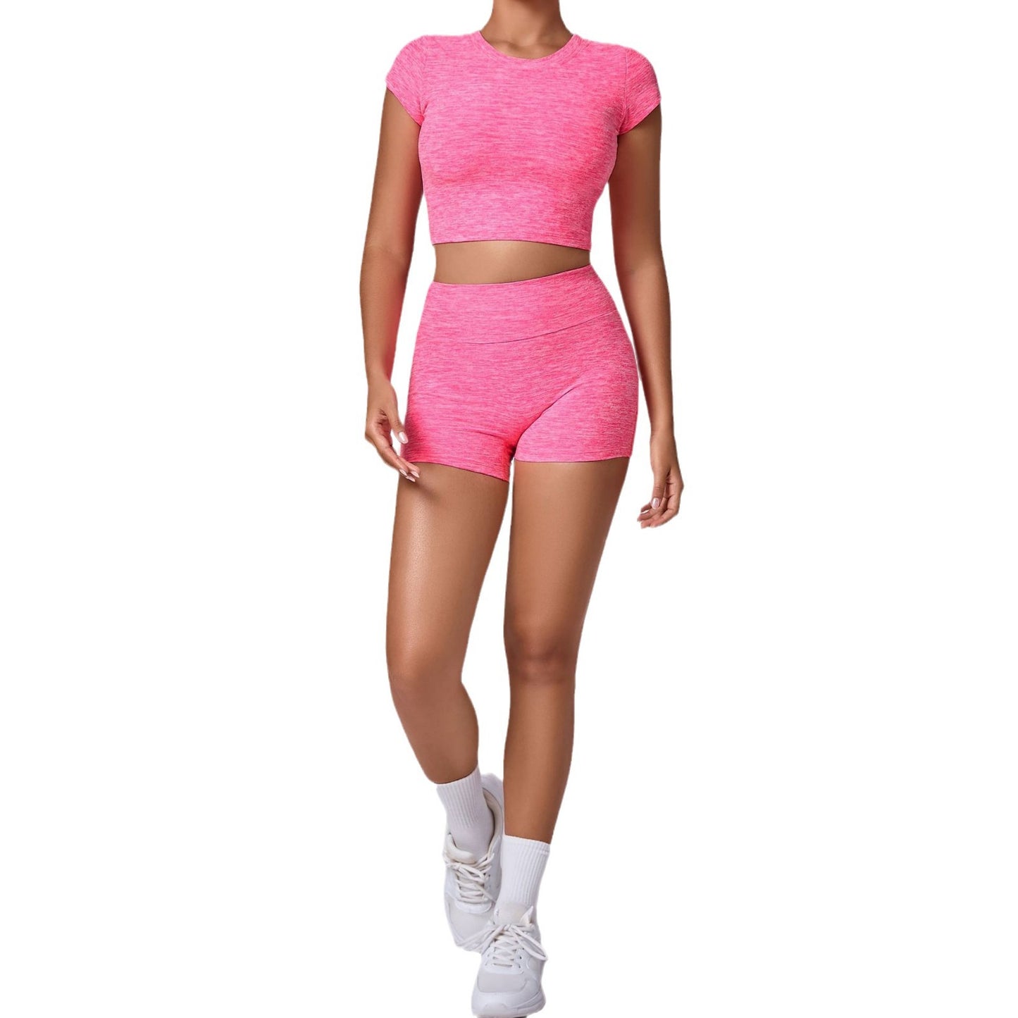 High Waisted Short Sleeve and Short Yoga Set for Women Stretchy Body Hugging Butt Lifting Fitness Outfit for Running and Gym Workouts