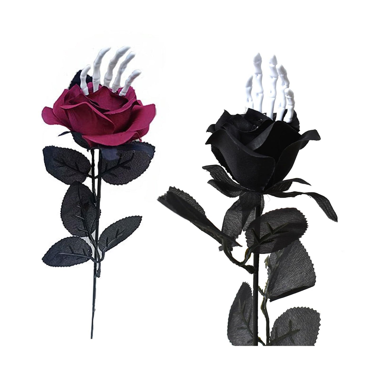 Lifelike Black and Red Rose - Single Halloween Skeleton Hand Fake Flower Party Decoration and Photography Prop