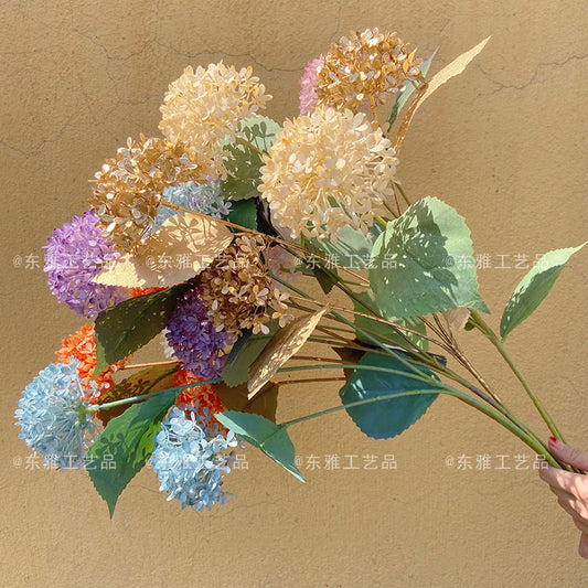 Elegant Scandinavian-Inspired Artificial Hydrangea Floral Arrangement - 3-Head Golden Hydrangea - Perfect for Wedding Decor, Hotel Interiors, and Stylish Home Accents