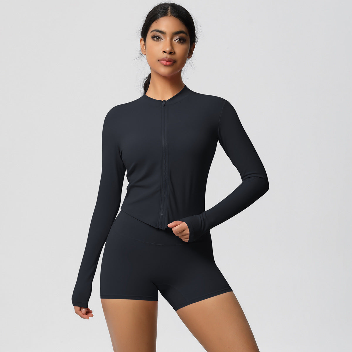 Soft Brushed Zip Up Jacket and High Waisted Short Yoga Set for Outdoor Sports and Fitness Training