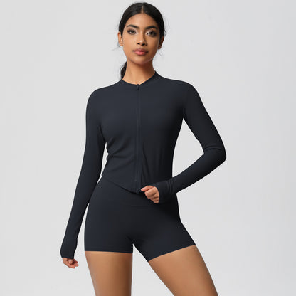 Soft Brushed Zip Up Jacket and High Waisted Short Yoga Set for Outdoor Sports and Fitness Training