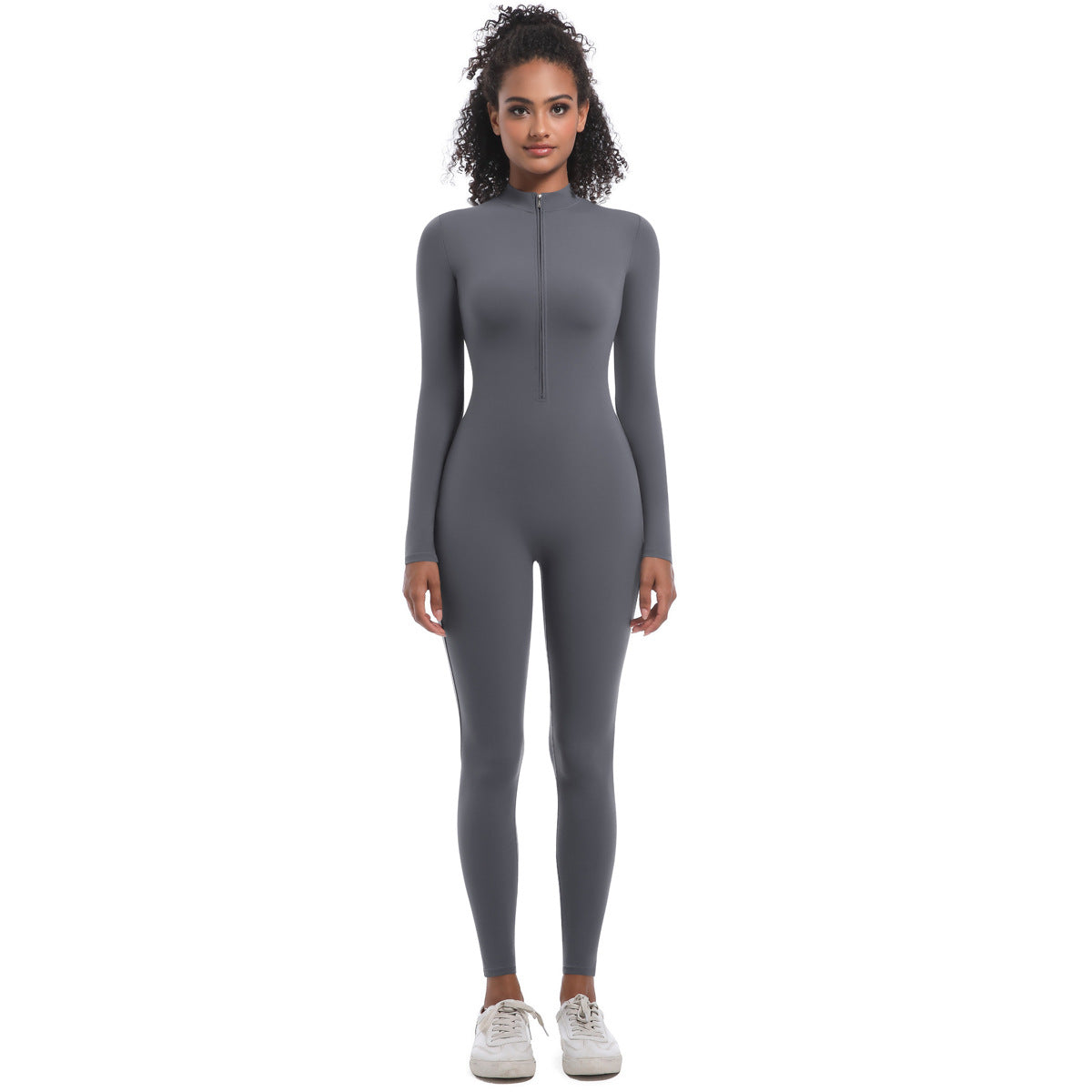 Women's Long Sleeve Zippered Bodysuit Figure Flattering Yoga Workout Jumpsuit for Enhanced Curves for Running and Fitness